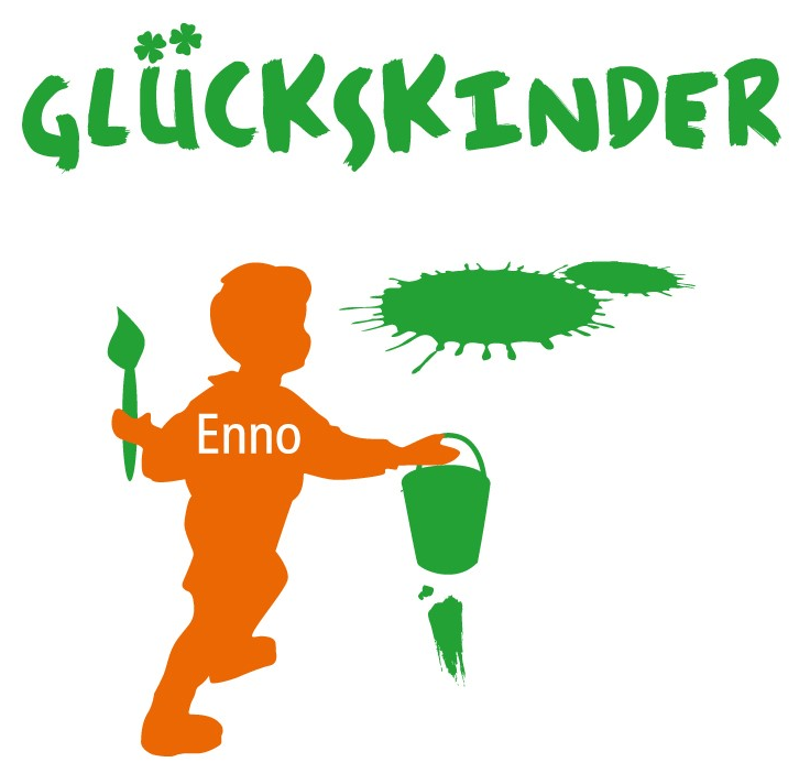 Logo Glückskinderfonds, Junge mit Pinsel und Farbeimer in der Hand und Farbkleckse