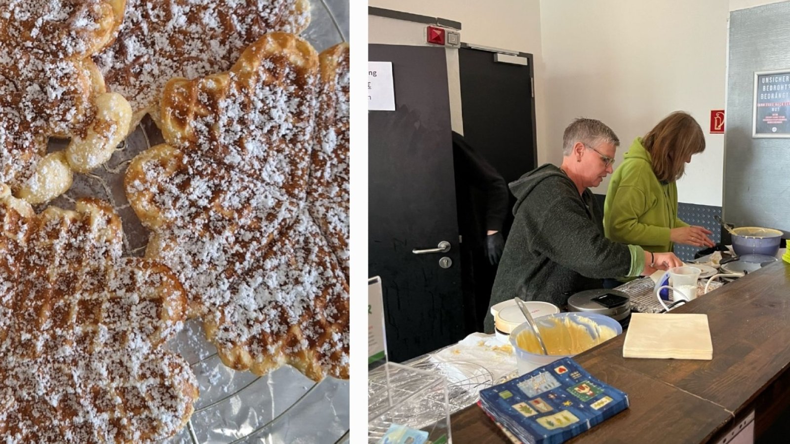 Links Waffeln, rechts zwei Personen beim Waffeln backen.