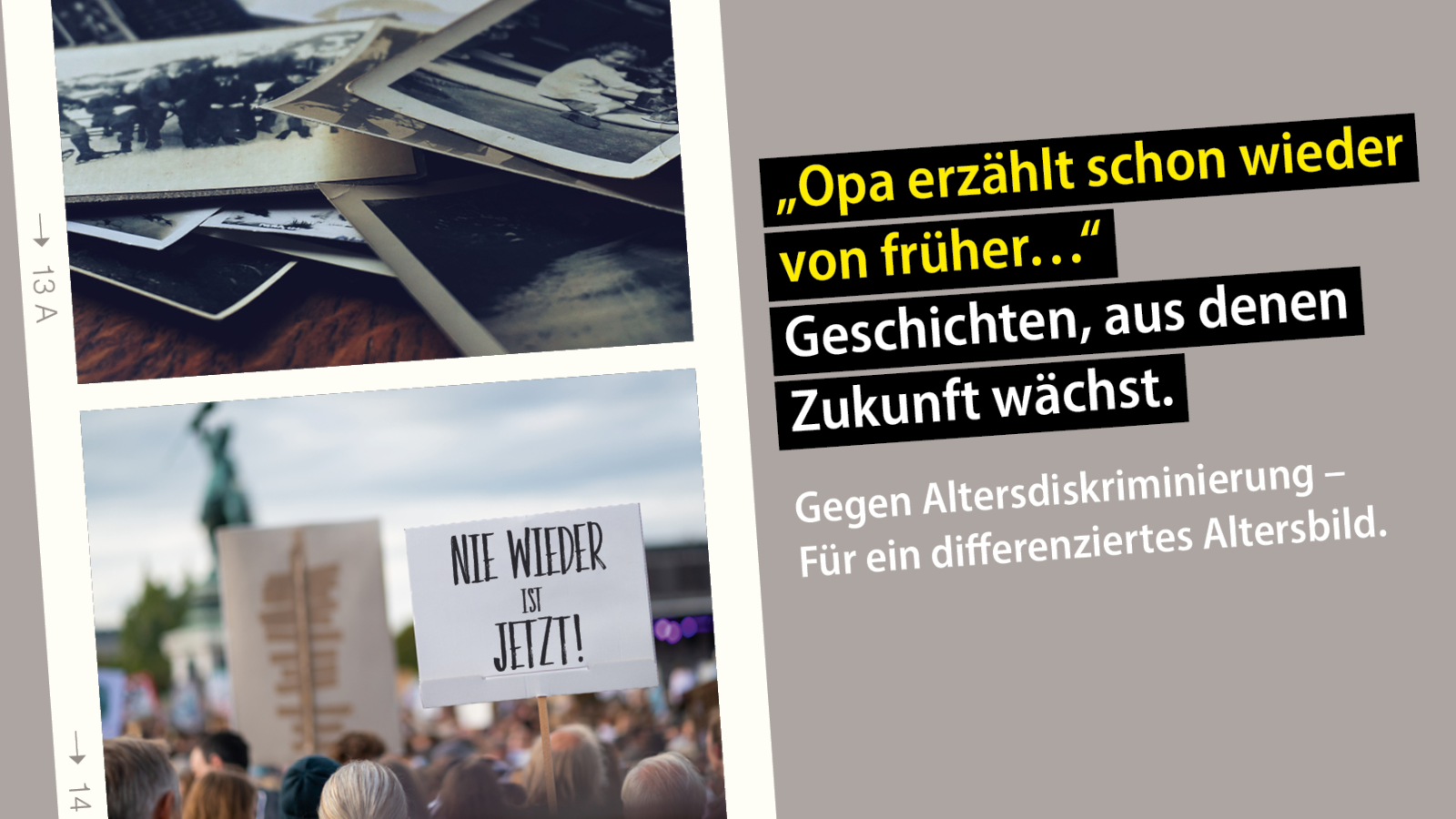 Eine Postkarte mit zwei Fotos drauf: Auf einem Foto ist ein Stapel alte Fotos zu sehen, auf dem anderen Menschen von hinten auf einer Demonstration mit einem Schild 
