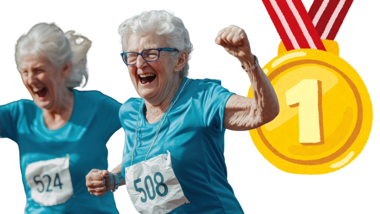 Rennende und jubelnde ältere Damen und eine Medaille als Auszeichnung für das Pflegezentrum Rüttenscheid