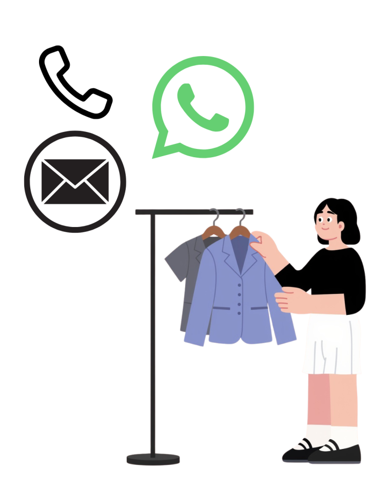 Icon Person an Kleiderstange mit Kleidung und E-Mail, Telefon, WhatsApp