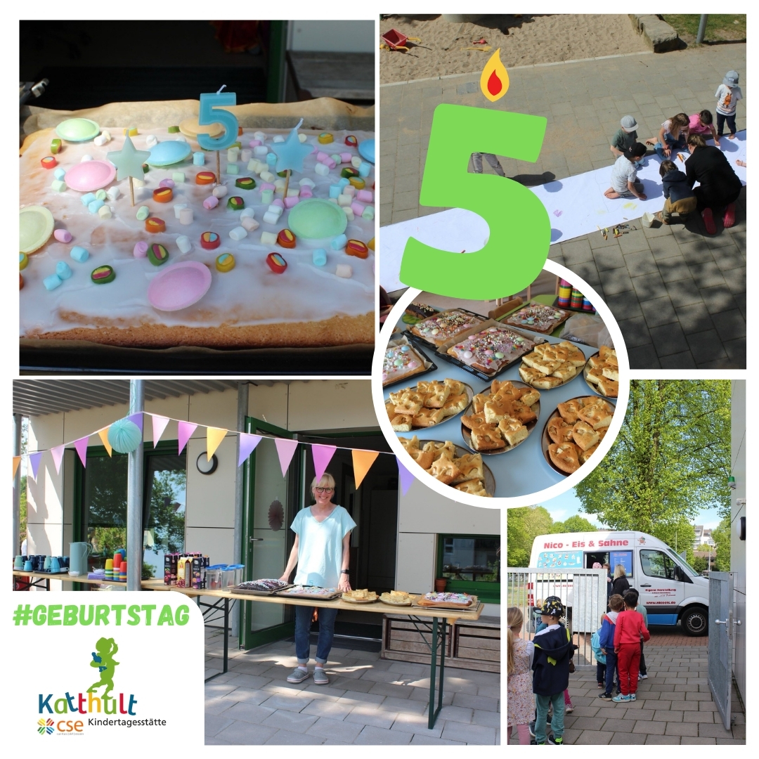 Kuchen bunt dekoriert, Kinder am Eiswagen stehend, Kinder beim Malen